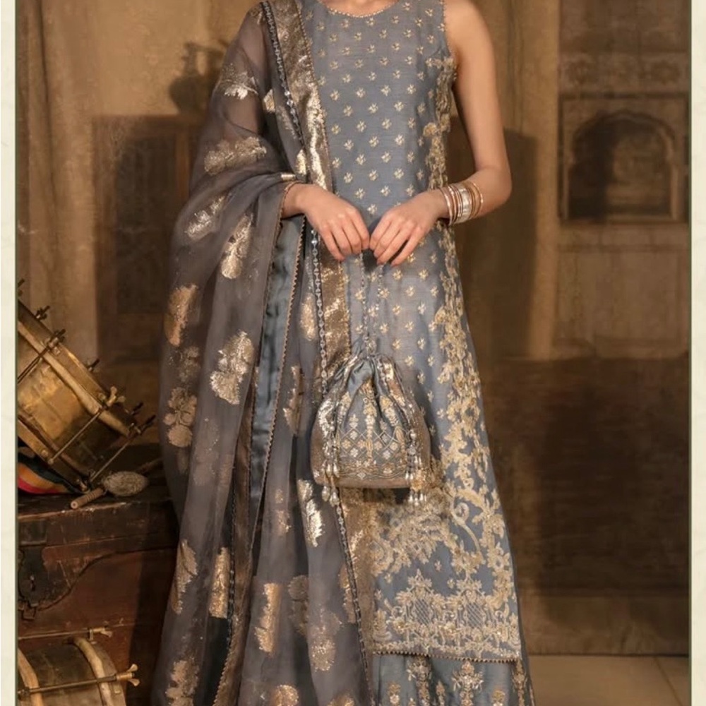 Blue and Gold with sleeves faiza Saqlain for Wedding Guests